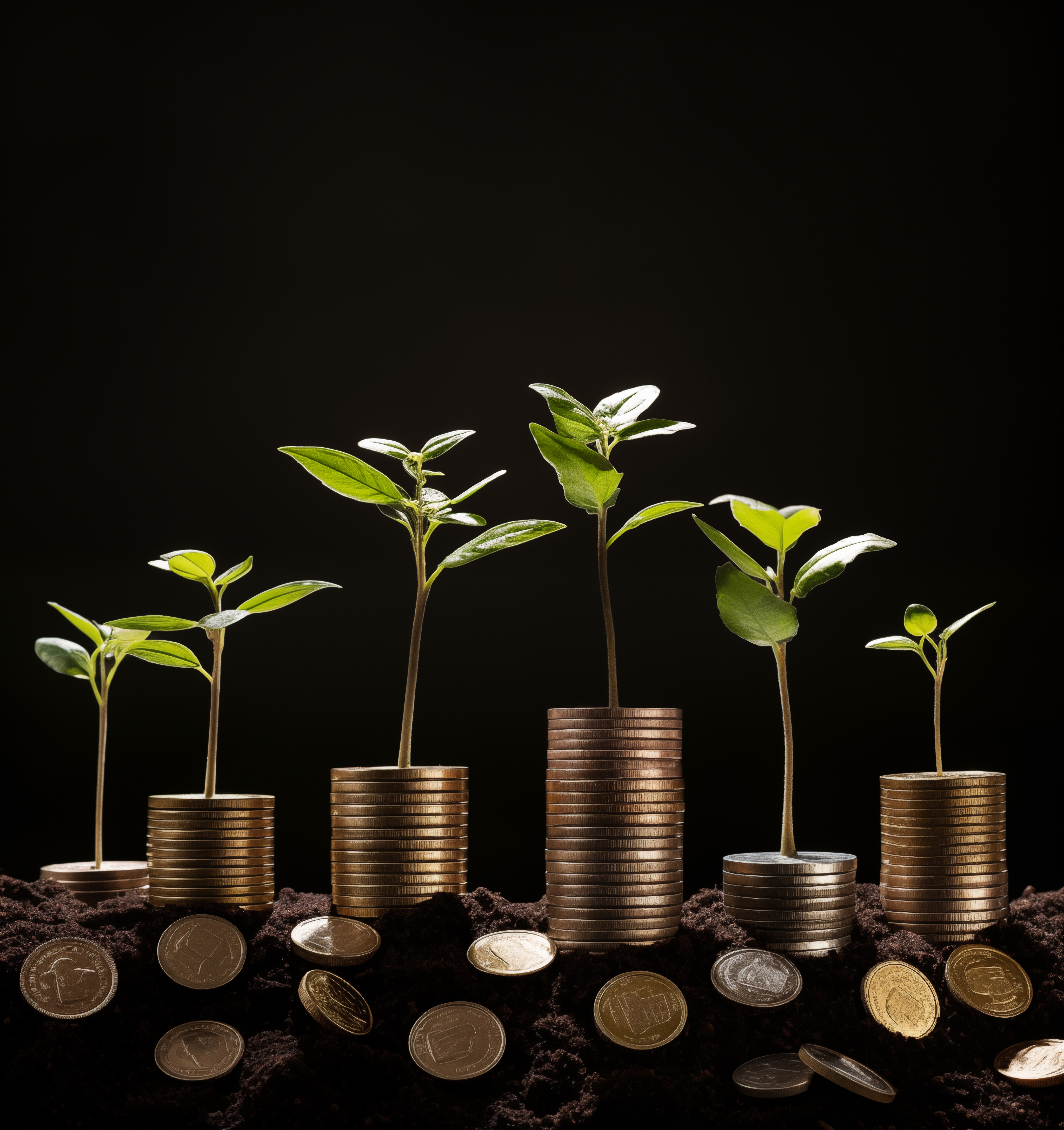 multiple coins standing and growing in the soil, in the style of light green and gold, striped arrangements, graflex speed graphic, website, social action, earthworks, associated press photo --ar 29:31